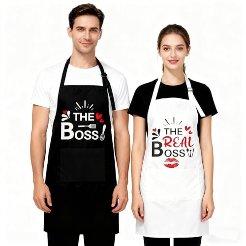 2 Stück The Boss & The Real Boss Küchenschürze mit Taschen, Lustige Schürzen für Paare, Verstellbare Kochschürze Grillschürzen Damen Herren, Aprons als Geschenk für Hochzeit, Valentinstag Weihnachten