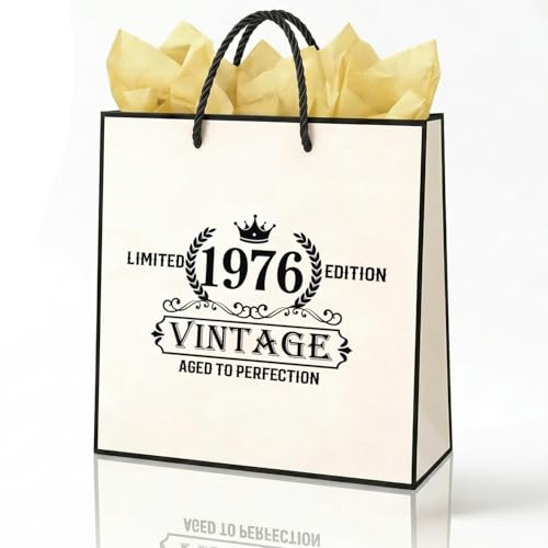 MURISE Geschenktüte zum 50. Geburtstag – Vintage Papier Geschenktasche mit Kordelgriffen, inkl. 2× goldenes Seidenpapier, 22×26×10 cm