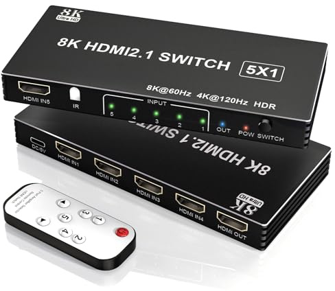 8K HDMI Switch 4K 120Hz - 5 in 1 Out HDMI Splitter Switcher 8K@60Hz 4K@120Hz mit Remote 3D HDR10+ HDCP 2.3 CEC, Verwendung für PS5/4/3 Xbox DVD Player Fire Stick Roku TV PC Nintendo Switch