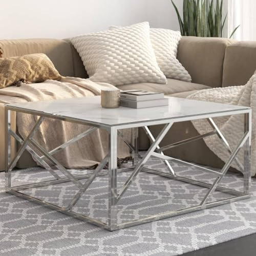 Table Basse Moderne en Verre Trempé Marbré Blanc et Cadre Acier Inoxydable Argenté, Table de Salon Design pour Séjour, Salon, Bureau - 80x80x40 cm, Facile à Nettoyer, Robuste et Stable