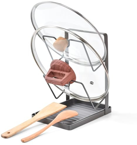 LTFIOON Organiseur de Couvercle de Casserole, Support Couvercle Casserole à 2 Niveaux avec Bac Récupérateur Amovible – Support en Acier Carbone Gain de Place pour 2 Couvercles sur le Plan de Travail