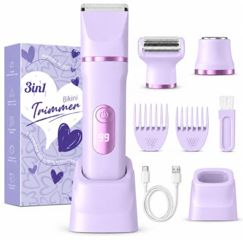 Rasierer Damen, 3-in-1 Intimrasierer für Frauen, für Körper & Bikinizone, Gesichtshaarentferner für Frauen, Elektrischer Rasierer Damen IPX7, USB-Ladestation, Trimmer Damen intimbereich, Violett