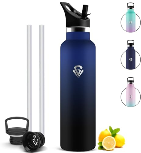Mujigaga Gourde Isotherme 1l avec Paille, Bouteille Isotherme, Anti Fuite Bouteille d'eau en Acier Inoxydable, Gourde Sport Inox sans BPA pour Sport, Velo, Cyclisme