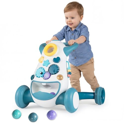 COSTWAY Lauflernwagen Baby, Lauflernhilfe mit Musik & Licht, Laufhilfe mit Formensortierer, Zahnräder, Wurfspiel & Stauraum hinten, Laufwagen für Kinder 10-36 Monate (Blau)