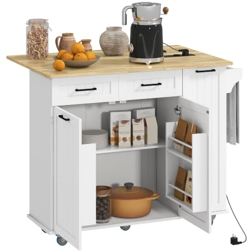 HOMCOM Isola Cucina con Ruote, Stazione di Ricarica, 2 Cassetti, Bianco | Carrello Cucina, Piano a Ribalta in Legno, Ripiani Regolabili, Armadietto Estraibile, Portaspezie a Porta, Portasciugamani