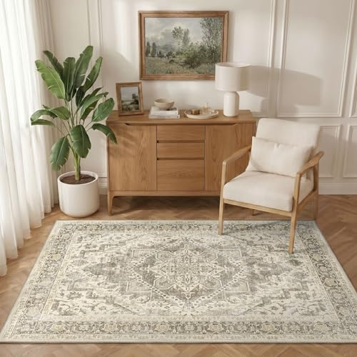 INOVADAY Waschbarer Teppich Wohnzimmer 90x150 cm Vintage Beige/Grau/Taupe | Teppich Schlafzimmer, Teppich Waschbar, Esszimmer, Küche, Boho, Kurzflor, Rutschfest, Weiche, OEKO, Staubsauger, Gefaltet