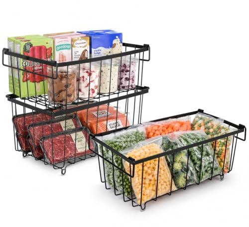 Chest Freezer Baskets, 3 Pack, Stackable with Folding Handles Black | Stackable Wire Bins with Non-Slip feet, Fits Most freezers, Sturdy Steel mesh for air Circulation,Easy-Grip Handles for