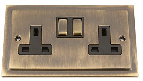 A5 Victorian Antique Brass Double Socket 2 Gang 13 Amp