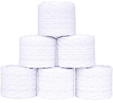 ISIYINER Spitzenband Weiß Spitze Rollen Vintage Blumen Spitzenbordüre Spitze Trimmen für Braut Hochzeit Party Dekoration Handwerk 4,5cm Breit, 6 Rollen (10m / Stück)