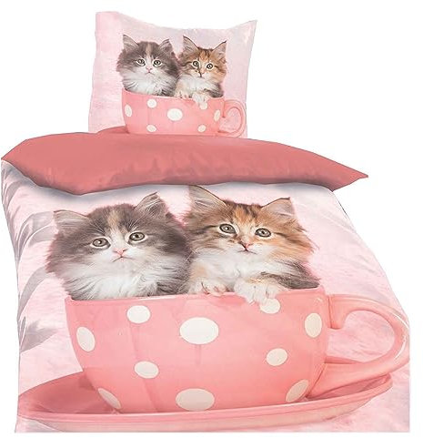 Casa Colori Kinder Bettwäsche 135x200 cm 2tlg. Bettwäschegarnitur Katzen Katzenbabys Rosa