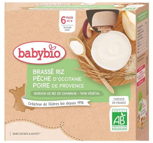 Babybio Brassés Végétaux Gourdes Brassé Végétal Base Riz Pêche d'Occitanie Poire de Provence 4 x 85 g 6+ Mois Bio 0.34 kg 1 Unité - Pack de 6
