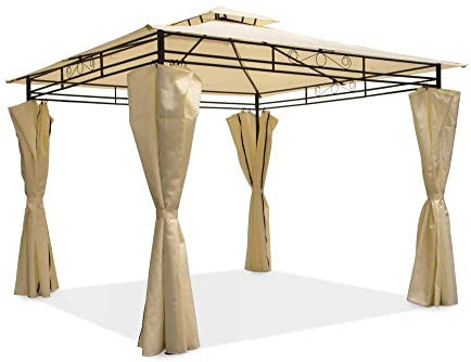 Garden Point Garten-Pavillon Ibiza | 300 x 300 cm | Rechteckig | Wasserabweisend | Ideal für Garten | Einfache Montage | Vorhänge im Set | Cremig