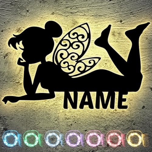 Fee Mädchen Elfe mit Flügel liegend Led Deko Schlummerlicht Nachtlicht, personalisiert mit Wunsch Namen Abendlicht Kinderzimmer Wohnzimmer Geschenk, in 13 MDF Holzfarben & 7 LED-Farben