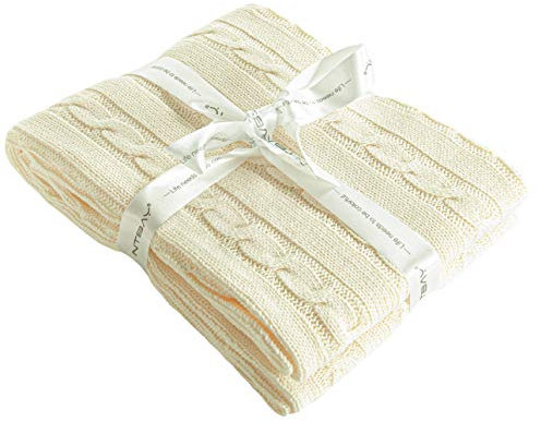 NTBAY 100% Pure Cotton Cable Knit Toddler Blanket, Super Soft and Warm Breathable Baby Blanket for Cot Bed, Stroller, Nursery, Travel, Newborn, Ivory, 76x102 cm