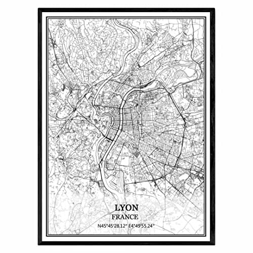 TANOKCRS Lyon Frankreich Karte Wandkunst Leinwand drucken Poster Artwork ungerahmt moderne Schwarz-Weiß-Karte Souvenir Geschenk Home Decor 31x41 cm