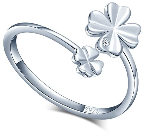 MICGIGI Damen 925er Sterling Silber Offener Ring Vierblättriges Kleeblatt Verstellbarer Ring Silber