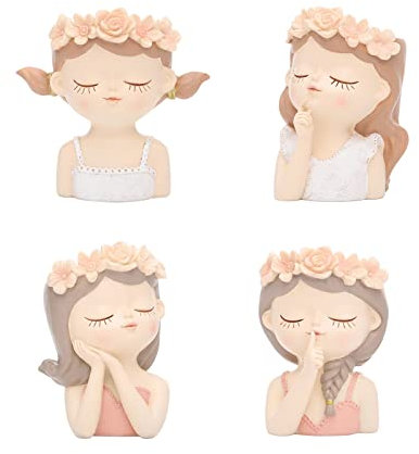 Dysetcs Confezione da 4 simpatici vasi per piante grasse in resina per ragazze con fori di drenaggio, vaso per fiori per bonsai, cactus, per casa, giardino, ufficio, desktop diserbo