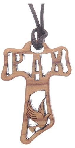 Holyart Kreuz aus Olivenbaumholz in Tau-Form durchbrochen gearbeitet mit dem Motiv der Firmung 4 cm