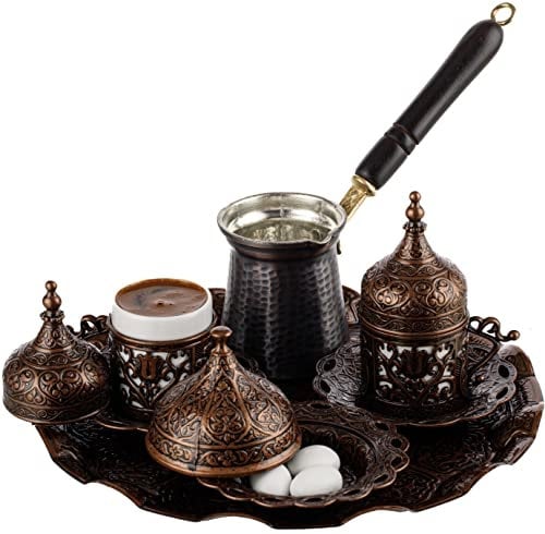 DEMMEX Türkisch-Griechisch-Arabisch-Kaffeezubereitungs- und Servierset, komplettes Set mit Tassen, Untertassen, Deckeln, Zuckerdose, Tablett und Kaffeekanne aus Kupfer, 12-teilig