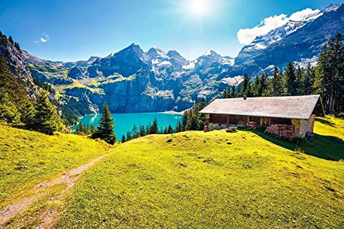 Xiutailtd Fototapete 3D Effekt Modern Alpen Berge Landschaft Natur Alm Gipfel Blumen Bäume Wald Wandbild Wandtattoo Dekoration-400X280Cm