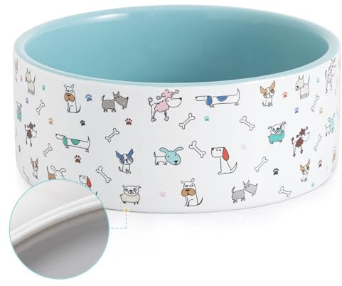 Fun Elements Ceramic Dog Bowls - Large, 64 Fl Oz Heavy Duty, Adorable Dog Patterns (Large, Blue)