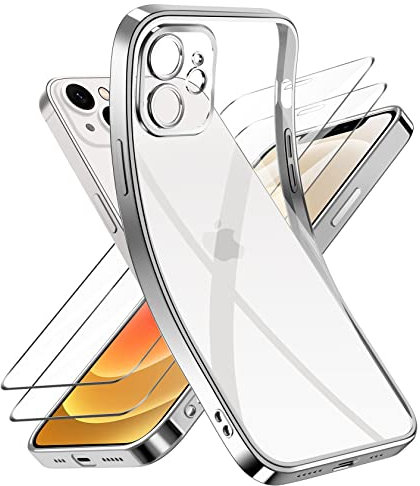 Niphabe Handyhülle für iPhone 12 Hülle mit Kameraschutz, Original Silikon mit 2 Schutzfolie,Niemals Gelb Ultra Dünn Crystal Clear Schutzhülle für iPhone 12 (Silber)