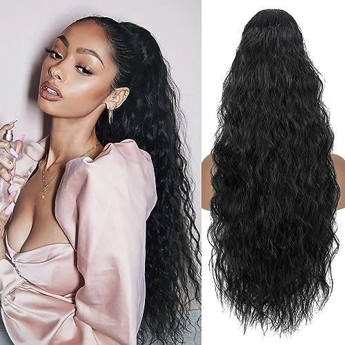 TESS Lange Pferdeschwanz Haarteil mit Kordelzug 80cm, Corn Wave Lockige Synthetische Ponytail Extension, Haarverlängerung Clip in Haarteile Haarzopf für Frauen Naturschwarz