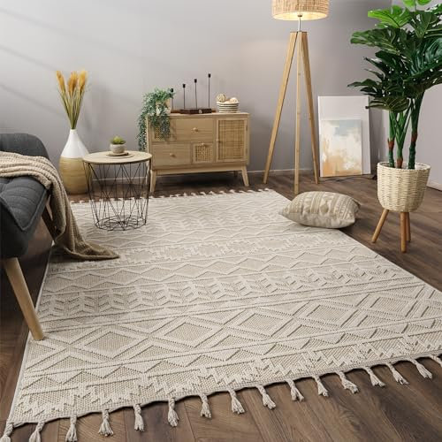Paco Home Teppich Wohnzimmer Schlafzimmer Kurzflor Skandinavisches Boho Muster Geometrische Optik Einfarbig Fransen Moderne Deko, Grösse:200x280 cm, Farbe:Creme 2