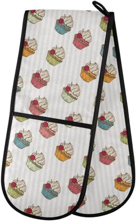 Double Oven Gloves Cupcakes Vintage Heat Resistant Pot Holder Oven Mitt Gloves for BBQ Cooking Baking Grilling Microwave