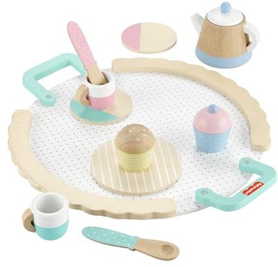 Fisher-Price Wood Pretend Play Toy Tea Set, 12-Piece Wooden Playset with Teapot, Cups & Saucers for Preschool Kids Age 3+ Years