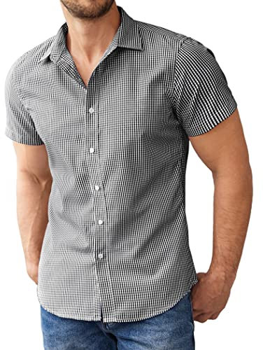COOFANDY Mens Short Sleeve Summer Shirts Dress Shirts Non Iron Formal Stretch Shirt Casual Business Shirt Office Tops Muscle Fit Black-Plaid L