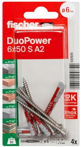 Fischer - Dübel – Blister mit 4 Universaldübeln Duopower Ø6 x 50 mm + Schrauben Edelstahl A2 Ø 4,5 x 60 mm. Fischer