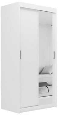 ELUKS OVI Double Sliding Doors Wardrobe with Mirror Furniture for Bedroom Living Room and Hall Wardrobe Organizer Width 100cm/120cm/150cm/180cm/200cm (White, 100cm+2 drawers)