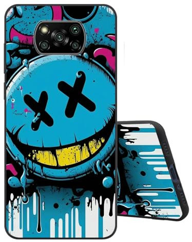 Sinyunron Handyhülle Kompatibel mit Xiaomi Poco X3 Pro Hülle Silikon Schwarz Matte Rückseite Schutzhülle mit Muster,Weiche Stoßfest Kratzfest Schlanke TPU Softschale Case,Blaues Emoji