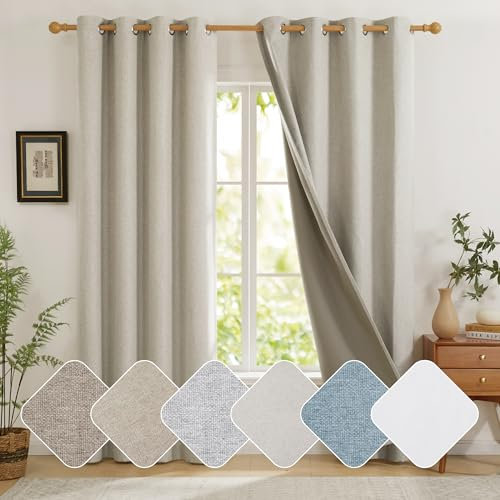 Deconovo 100% Blackout Curtains with Microfiber Back Layer, Faux Linen Eyelet Thermal Noise Reducing Soundproof Curtains for Kids Bedroom, 46 x 54 Inch, Linen, 2 Panels