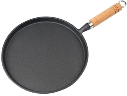BRAVECOW Cast Iron Skillet Pancake Pan Round Griddle Thick Nonstick Egg Frying Pan Tortilla Crepe Pan Anti-scalding Wooden Handle Uncoated 26cm