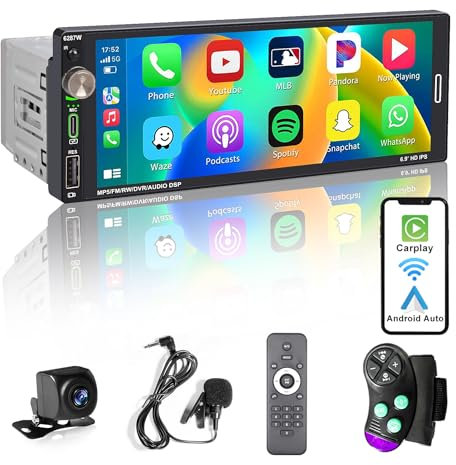 Hengweili Autoradio 1Din mit Bluetooth 6.9 Zoll Bildschirm Kompatibel mit Apple CarPlay Wireless/Android Auto FM/RDS Radio 2,1A Schnelladegerät Typ-C USB Rückfahrkamera
