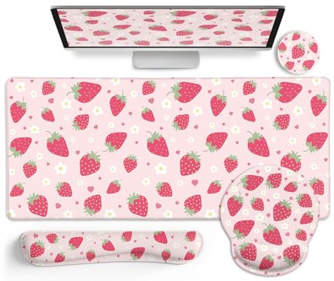 LIMKRIAN Strawberry Mouse Pad Desk Mat Set, Pink Ergonomic Mouse Pad with Wrist Rest, Large Gaming Mousepad Wrist Support Keyboard Mat Cup Coaster Set, Cute Office Desk Decor Accessories Supplies
