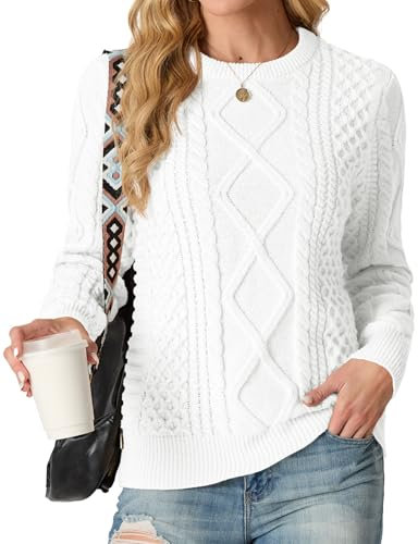 GRECERELLE Ladies Jumpers Crew Neck Cable Knitted Sweater for Women UK Long Sleeve Pullover Tops (White,L)