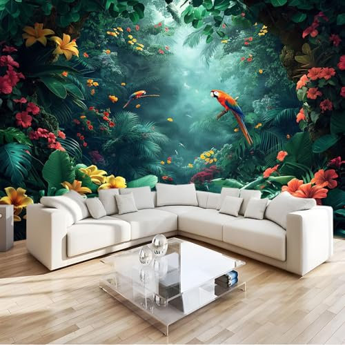 Papier Peint Panoramique 3D Plantes Fleurs Perroquet de La ForêT Tropicale Papier Peint Intissé Fond pour Chambre Salon Mur TV Décoration Murale, Coloré XXL Mur TV Artistique Poster 350x256cm