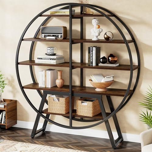 Tribesigns Rundes Bücherregal, 170 cm hohes 5 Etagen Etagere Bücherregal, Rustikales offenes Regal, Organizer, Ausstellungsregal für Zuhause, Büro, Wohnzimmer, Rustikales Braun