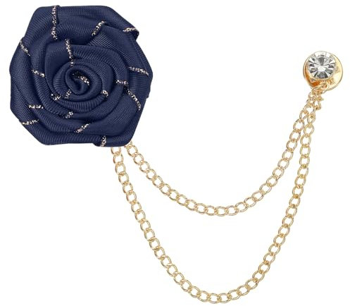 QUARKZMAN Broches à Chaîne Fleur Rose 4.5cm, Broche Costume Revers Homme Marié en Alliage Tissu, Chaînes Suspendues de Costumes Bordure Dorée pour Mariage Dîner Cérémonie, Bleu Marine