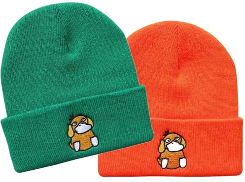 LANLYLGQ 2Stück Beanie Unisex Herren Damen Wintermütze Strickmütze Warmmütze Skimütze Stickerei Ente Smiley Face (Ente-Orange&Grün)