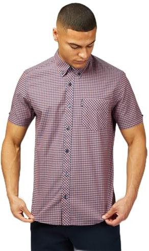 Ben Sherman Big Size Signature Gingham Short Sleeve Shirt for Men in Orange, 4XL