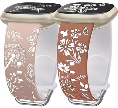 Wearlizer 2 Packs Floral Gravierte Armbänder Kompatibel mit Fitbit Versa 4/Versa 3 /Sense 2/Sense Damen, Zweifarbig Blume Silikon Sportarmband, Milchtee/Weiß & Braun/Weiß