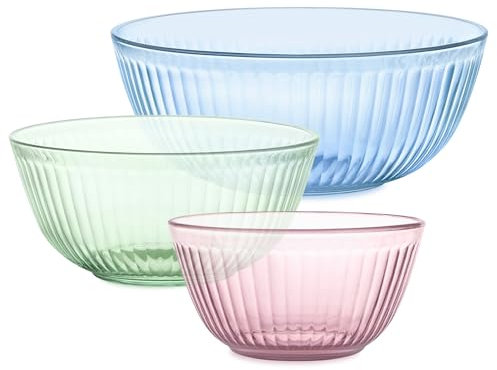 Pyrex Colors Set of 3 Tinted Carved Mixing Bowls Without Lid Small/Medium/Large Glass Space Saving for Prep and Baking, 1.3L, 2.3L and 4.5L (Pink, Green)