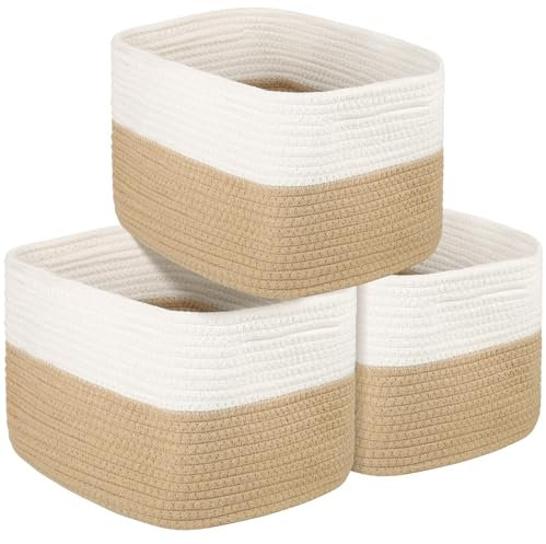 Aevcvok 3 Panier Rangement, Panier Tressé en Coton, Panier Rangement Salle de Bain, Petits Paniers à Linge, Paniers de Rangement Pliables pour la Salle de Bain,Salon,Chambre,36x25x22cm,Jute & Blanc