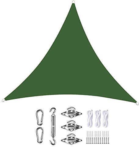Tenda parasole triangolare, impermeabile, 1,6 x 1,6 x 1,6 m, 98% UV, con fissaggio per tenda, per esterni, patio, prato, pergola e terrazze, verde scuro