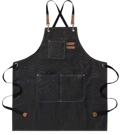 FSSTUD Gartenschürze aus Segeltuch, Unisex, Arbeitsschürze, verstellbarer Riemen, Grillschürze, lange Kochschürze für Erwachsene, Backschürze mit Taschen, Schwarz , 68 x 75cm (W x L)