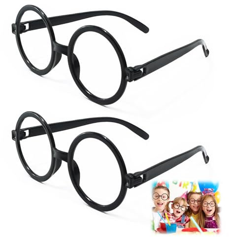 Fake Brillen Retro Runde Brillen 2 Stück, Spielzeugbrille Runde Brille Ohne Stärke Zauberer Brille Gläser mit Rundem Rahmen Brillenrahmen ohne Linsen nerd brille für Karneval, Mottoparty, Verkleidung